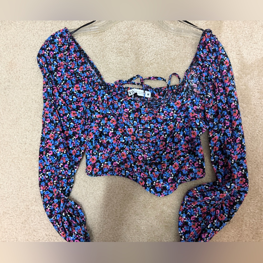 Zara Black Floral Smocked Crop Top with Pink & Blue Accents